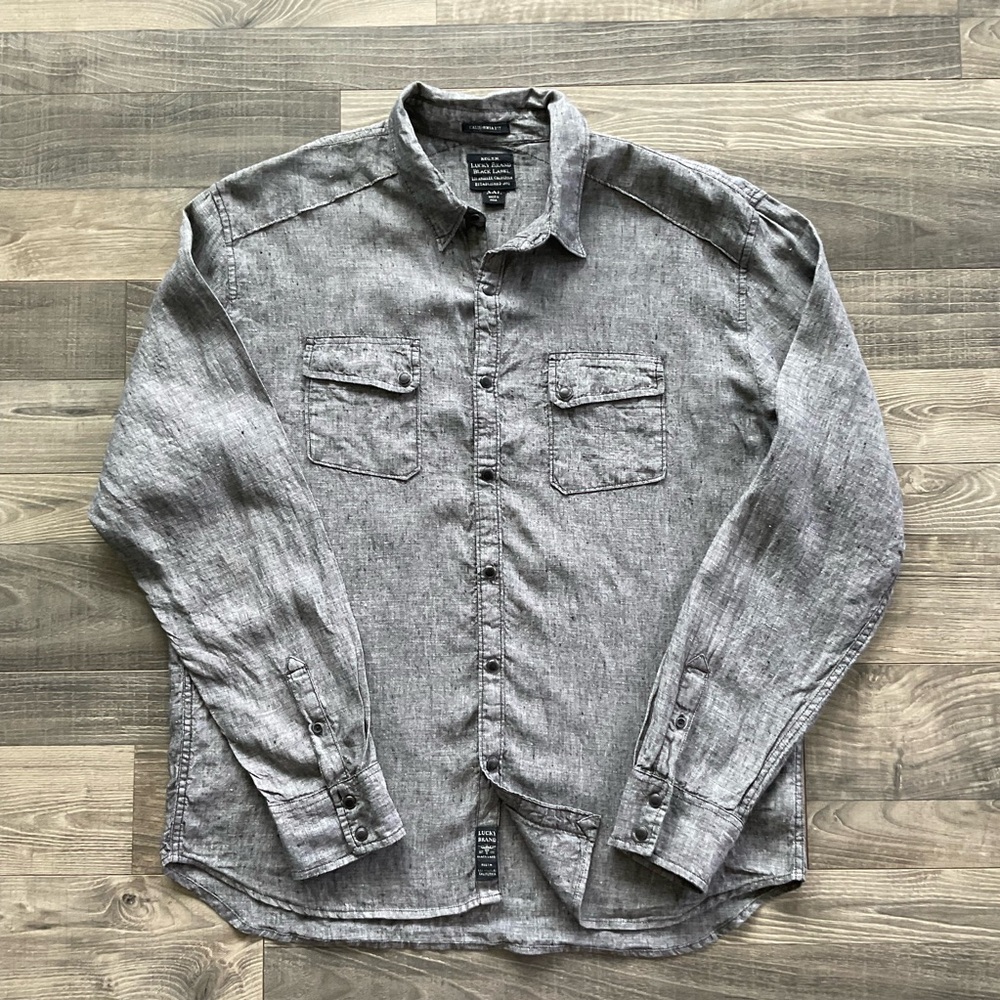 Lucky Brand Black Label Linen Shirt Men’s XXL Black Snap Long Sleeve 7M41442